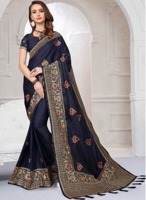 Exceptional Blue Embroidered Satin Silk Designer Saree