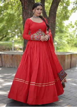 Exceptional Gota Work Red Rayon Readymade Lehenga 