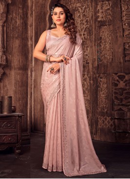 Exceptional Peach Satin Silk Contemporary Saree