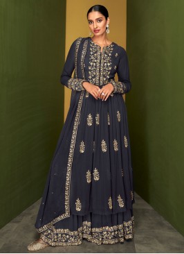 Exciting Pure Georgette Embroidered Navy Blue Designer Palazzo Suit