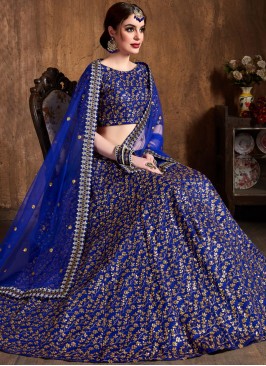 Exciting Raw Silk Blue Lace Lehenga Choli