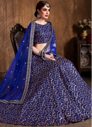 Exciting Raw Silk Blue Lace Lehenga Choli