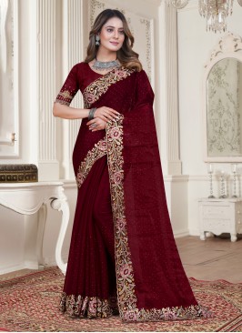 Exciting Satin Silk Embroidered Maroon Trendy Saree