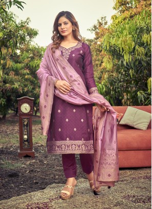 Exciting Woven Purple Banarasi Silk Straight Suit