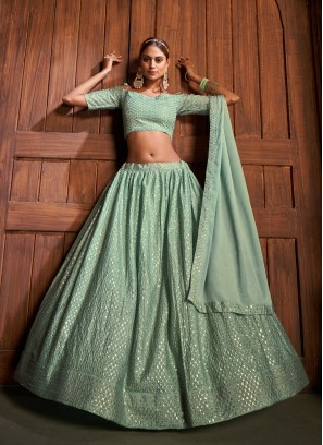 Exclusive Sea Green Embroidered Chinon Festive Wear Lehenga Choli