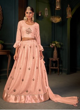 Exclusive Peach Embroidered Chinon Festive Wear Lehenga Choli