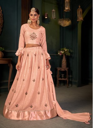 Exclusive Peach Embroidered Chinon Festive Wear Lehenga Choli