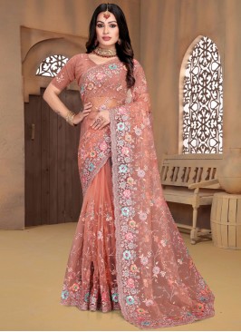 Exotic Embroidered Peach Contemporary Style Saree