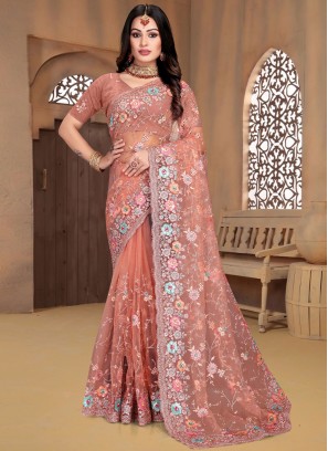 Exotic Embroidered Peach Contemporary Style Saree