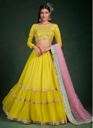 Exotic Georgette Yellow Zari Trendy Lehenga Choli