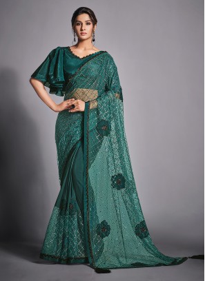 Exotic Net Green Embroidered Trendy Saree