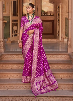 Exotic Pink Woven Banarasi Silk Trendy Saree