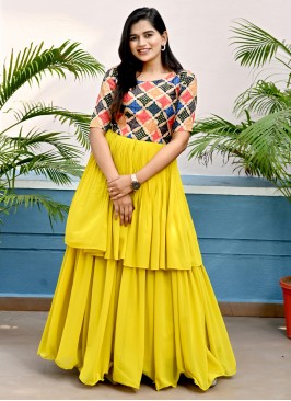 Exotic Yellow Digital Printed Faux Blooming Festive Wear Gown