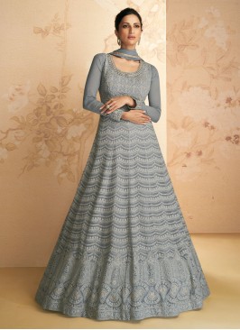 Exquisite Embroidered Grey Georgette Readymade Gown