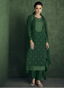 Exquisite Faux Georgette Green Embroidered Designer Straight Suit