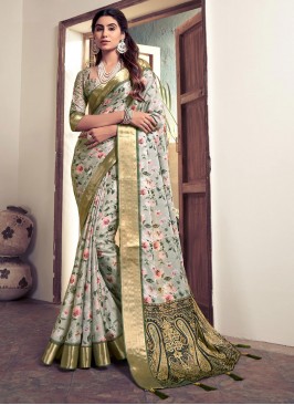 Exquisite Giccha Silk Aqua Blue Contemporary Saree