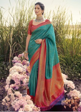 Exquisite Jacquard Work Turquoise Kanjivaram Silk Classic Saree