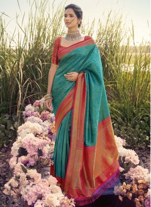 Exquisite Jacquard Work Turquoise Kanjivaram Silk Classic Saree