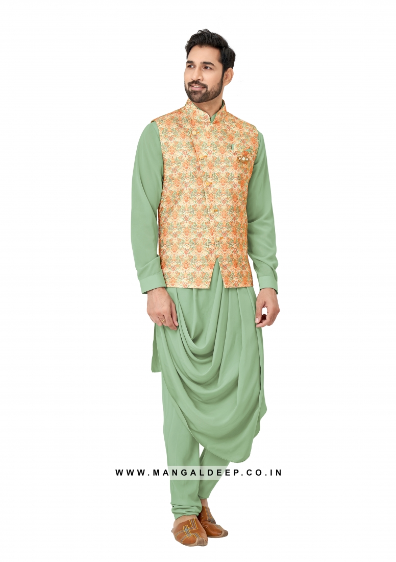 Traditional Indian Men's Sherwani with Georgette Top and Art Silk