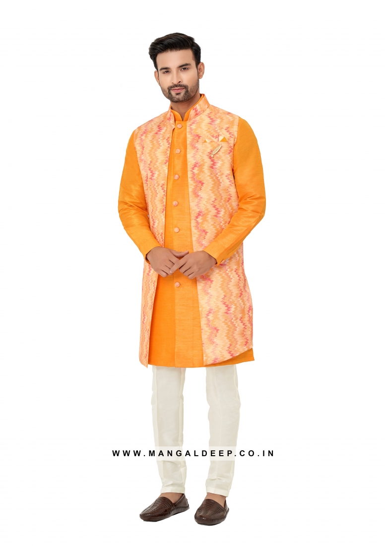 Traditional Indian Men's Sherwani with Georgette Top and Art Silk