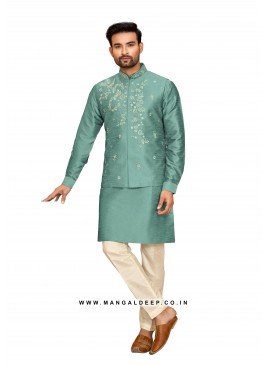 Exquisite Men's Art Silk Nehru Jacket Set with Embroidery and Mirror Work