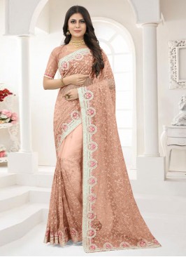 Exquisite Net Peach Embroidered Contemporary Saree