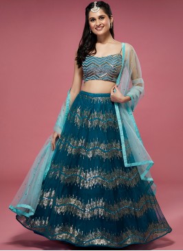 Exquisite Teal Blossom Designer Party Lehenga Choli