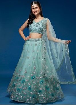 Exquisite Turquoise Blossom Designer Party Lehenga