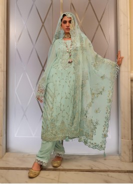 Exquisite Sea Green Viscose Designer Salwar Suit