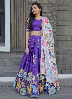 Exquisite Silk Purple Printed Trendy Lehenga Choli