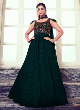 Extraordinary Georgette Green Thread Work Designer Gown