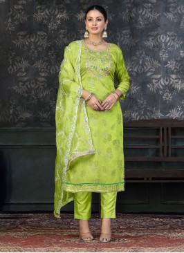 Extraordinary Handwork Organza Green Salwar Suit