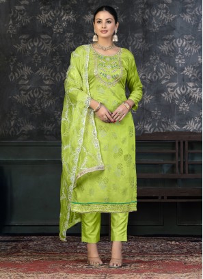 Extraordinary Handwork Organza Green Salwar Suit