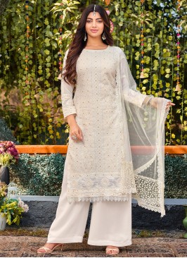 Extraordinary Off White Mehndi Long Length Salwar Kameez