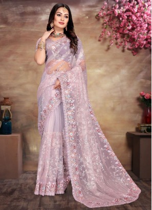 Extraordinary Resham Lavender Net Trendy Saree