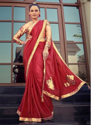 Extraordinary Satin Silk Red Contemporary Saree
