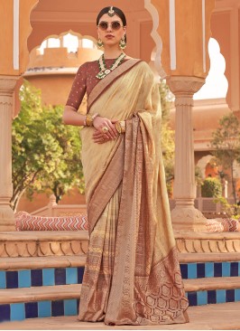 Extraordinary Silk Beige Foil Print Trendy Saree