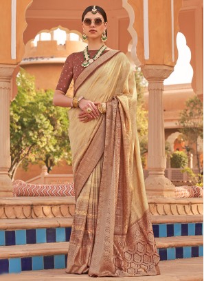 Extraordinary Silk Beige Foil Print Trendy Saree