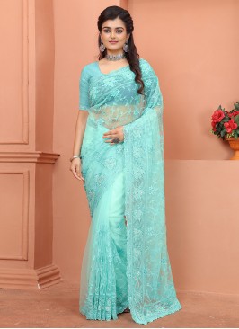 Exuberant Aqua Blue Resham Contemporary Style Sare