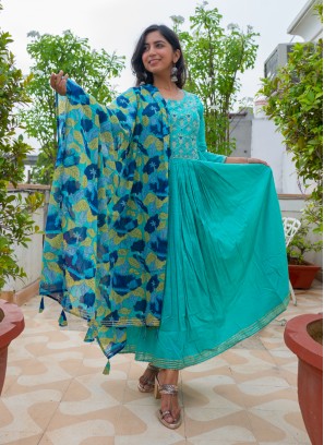 Exuberant Embroidered Cotton Turquoise Anarkali Salwar Kameez