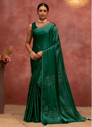 Exuberant Green Satin Silk Designer Saree