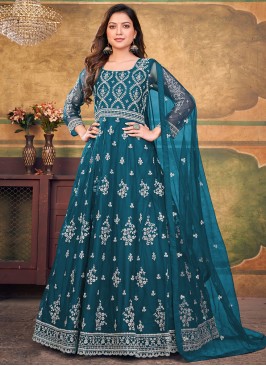 Exuberant Net Teal Embroidered Anarkali Salwar Sui