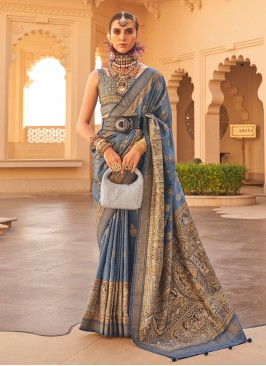 Exuberant Printed Silk Navy Blue Trendy Saree