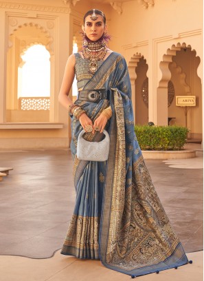 Exuberant Printed Silk Navy Blue Trendy Saree