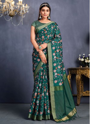 Exuberant Tussar Silk Teal Embroidered Contemporary Saree