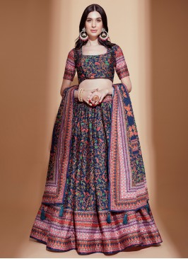 Eye Catching Blue Digital Printed Chinon Festive wear Lehenga Choli Set