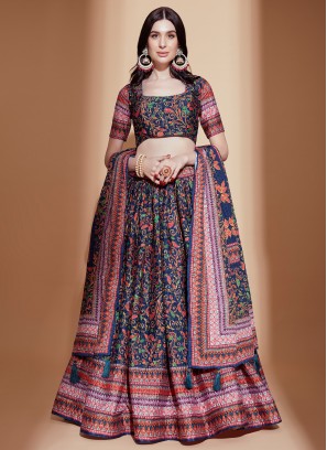 Eye Catching Blue Digital Printed Chinon Festive wear Lehenga Choli Set