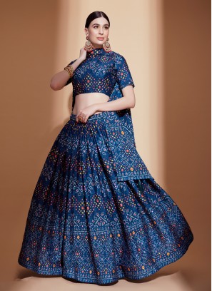 Eye Catching Blue Digital Printed Chinon Festive wear Lehenga Choli Set