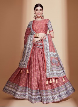 Eye Catching Peach Digital Printed Chinon Festive wear Lehenga Choli Set