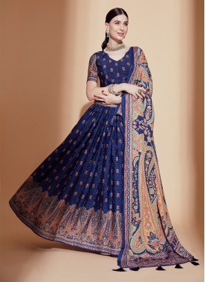 Eye Catching Blue Digital Printed Chinon Festive wear Lehenga Choli Set